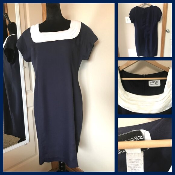 Virgo Fashions Vintage Pleated Collar Dress: 70s Navy White, Size 14 - Picture 10 of 11